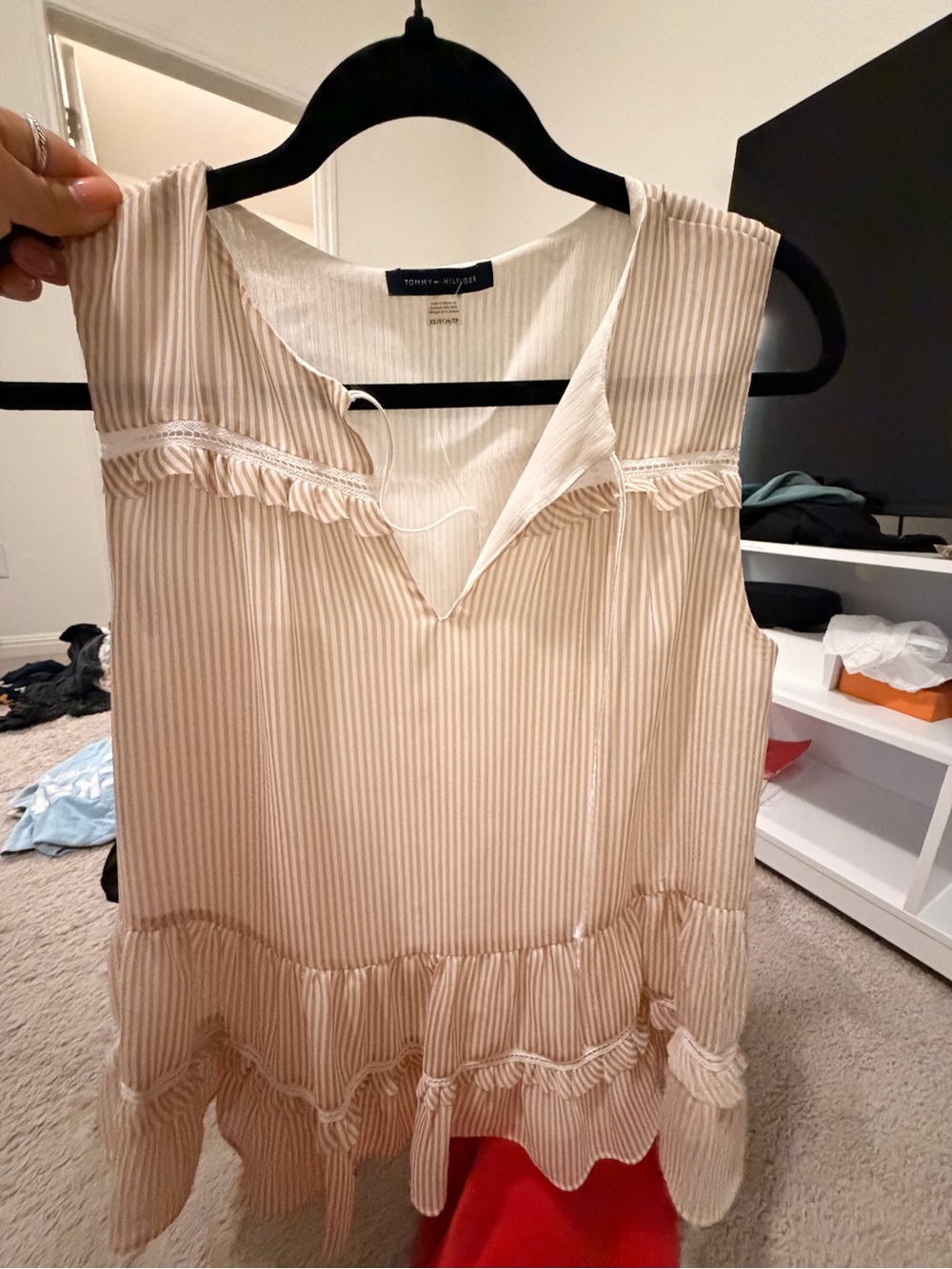 Tommy Hilfiger Beige and White Striped Ruffle Sleeveless Tunic